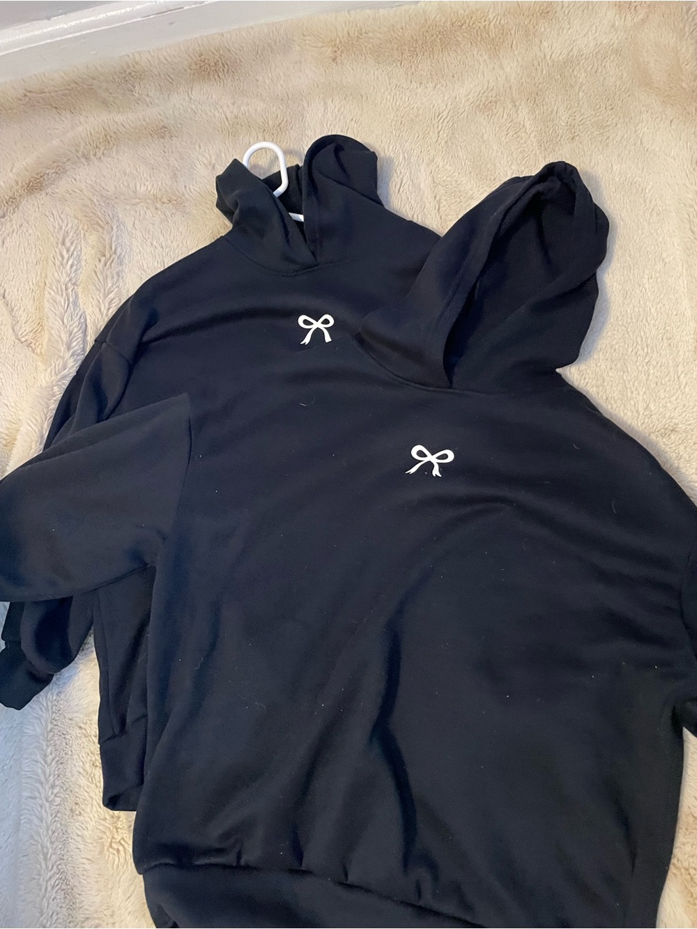 Black Women's Pullover Hoodie with White Bow Embroidery
